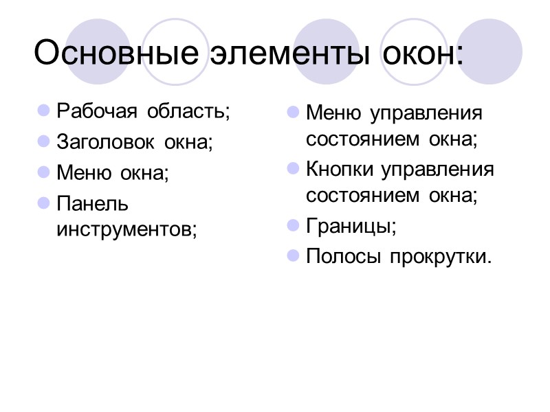Основные элементы окон: Рабочая область; Заголовок окна; Меню окна; Панель инструментов; Меню управления состоянием